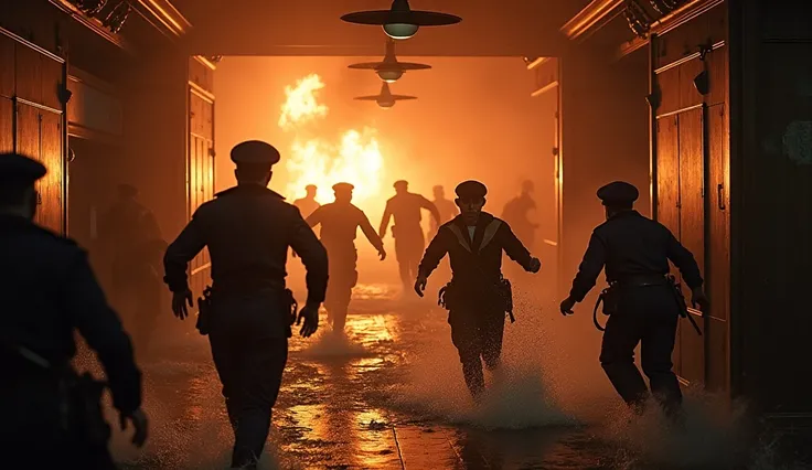 Close-up image of the interior of the command cabin of the burning American battleship, with sailors running in panic and throwing themselves into the sea, very dramatic HBO-type image, color image from the year 1900.