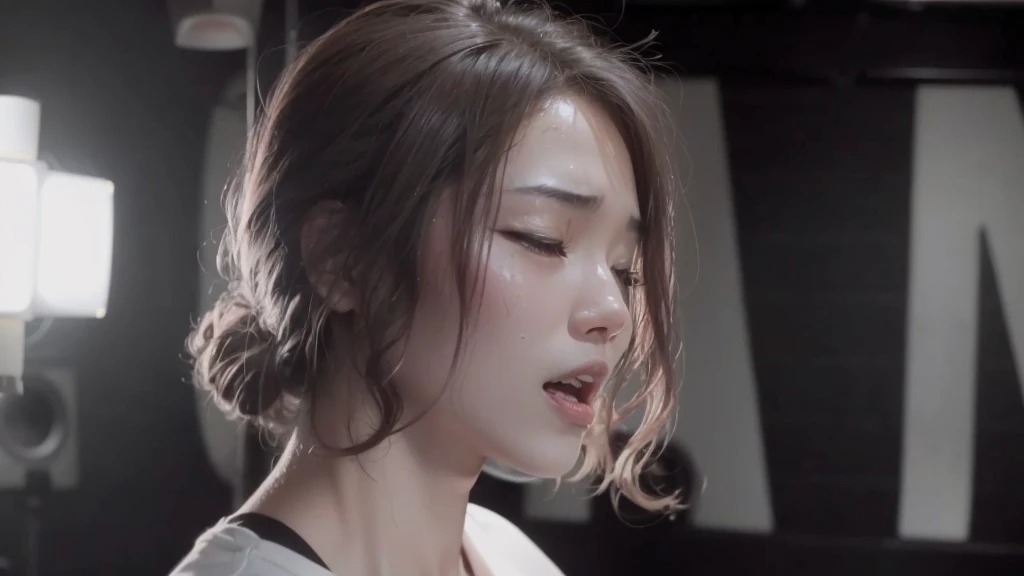 there is a woman that is singing in a recording studio, korean woman, dark hair, exhausted, tired, after workout, sweaty, glistening sweat, still from a music video, screenshot from a movie, still from a live action movie, light falling on face, youtube vi...