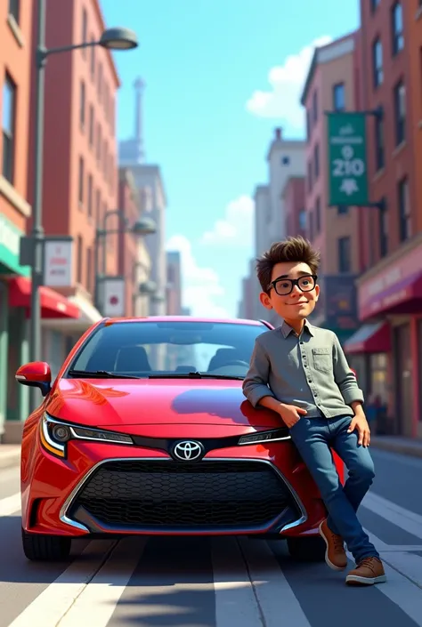 2018 Toyota Corolla with a man with glasses leaning on the street in animated version 