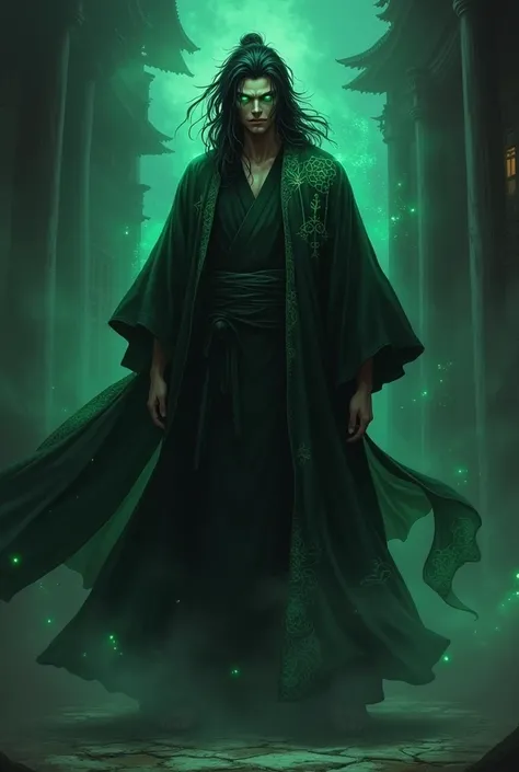 A Magical Man in a large black kimono with light green Japanese lettering details, Predator Eyes green mystical energy, with big black hair, with villainous style. Realistic anime style