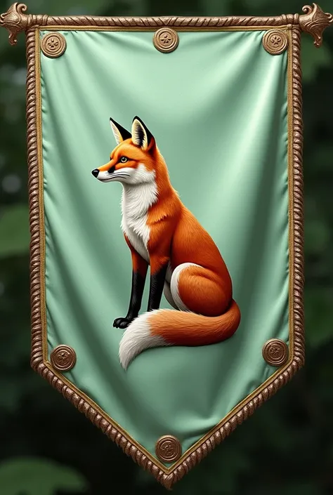 Coat of arms light green flag, with copper details on the edge and an embroidered fox .realistic image, high resolution image. 