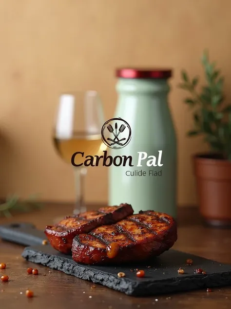 a professional logo. In the foreground a roast pork fillet with gourmet colours from a roast on the grill, burgundy gradient background- carbon pal name