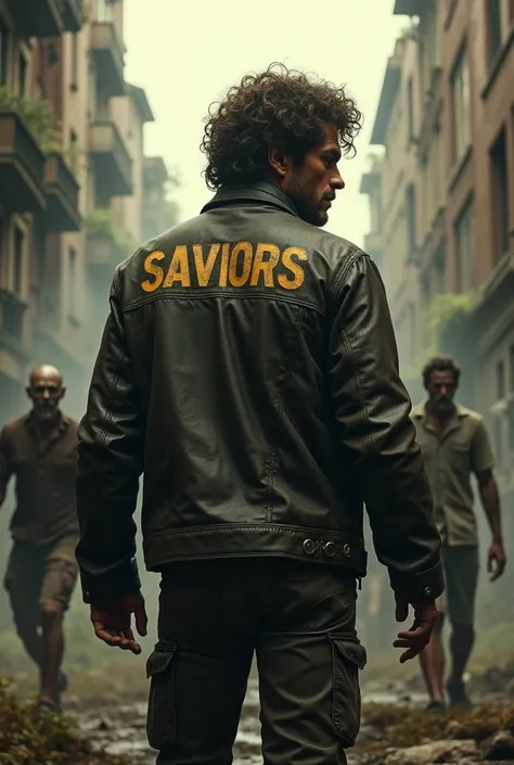 in a zombie apocalypse a curly haired man wearing a leather jacket with the name saviors in Portuguese from the walking dead