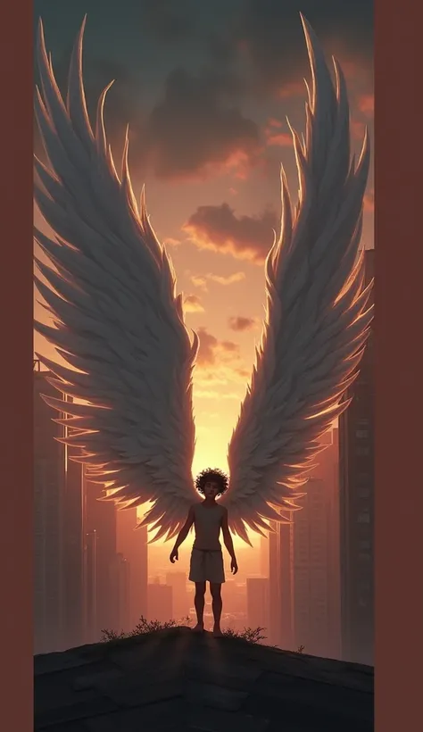 a  boy with blue eyes, xute smiling, very long curly black hair messy bun style flowing, wearing a god costume, he has wings on his back, his wings are very big and long, standing on a rooftop with a background of tall buildings in the city of Jakarta and ...