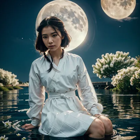 A beautiful Asian woman sits on a boat filled with white flowers, clear facial details. She is wearing a white traditional Chinese Hanfu dress. Her hair is tied up high, adding beauty to the scene. with a white belt at her waist. Her dress is billowing in ...