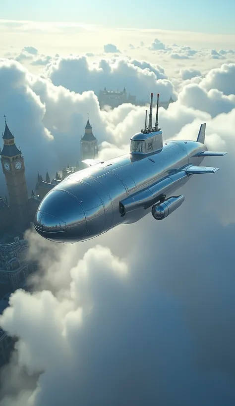 Submarine flies above the clouds over London 