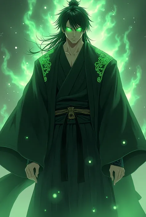 A Magical Man in a large black kimono with light green Japanese lettering details, Predator Eyes green mystical energy, with big black hair, Realistic anime style