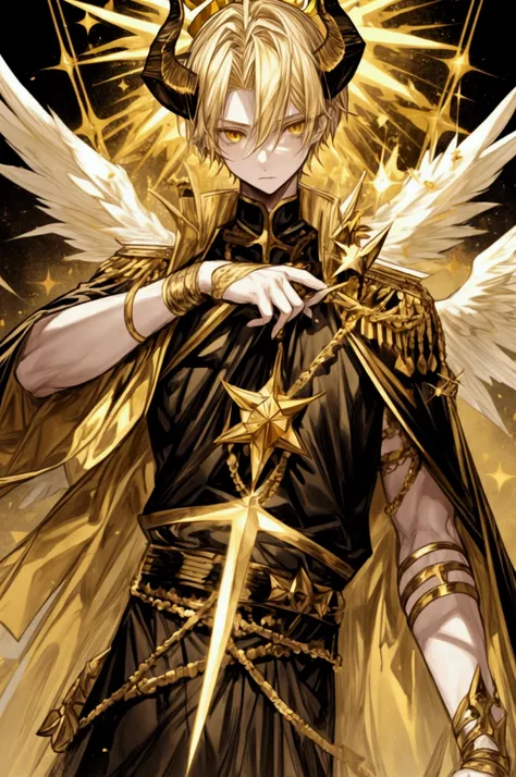 Male angel with blond short hair, two golden Crystal horns on the forehead, yellow eyes, torn black clothes, divine crown, male character ((JUST A CHARACTER), teenage traits, Hero of light