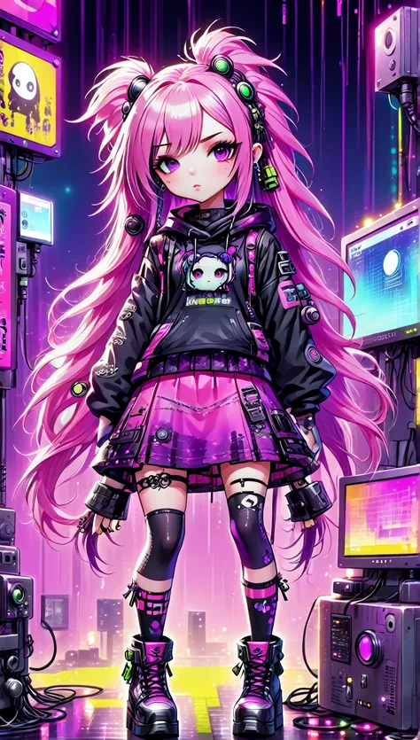 anime style:1.6, full body, leaning on a pair with pissing signs, 1 cyber goth girl, Long hair in a pink color with a gradient of violet, cyber goth clothing, very colorful scene, neon lights, cyber ornaments, computers, computer terminals, Japanese manga ...