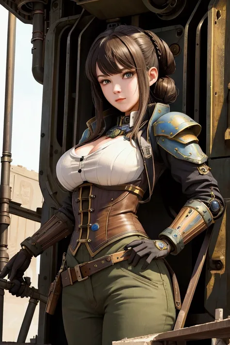 ((Best Quality)), ((masterpiece)), (detailed), One girl, Giant robot in the background、Dunbine、Gallian、Steampunk、Military、mechanic