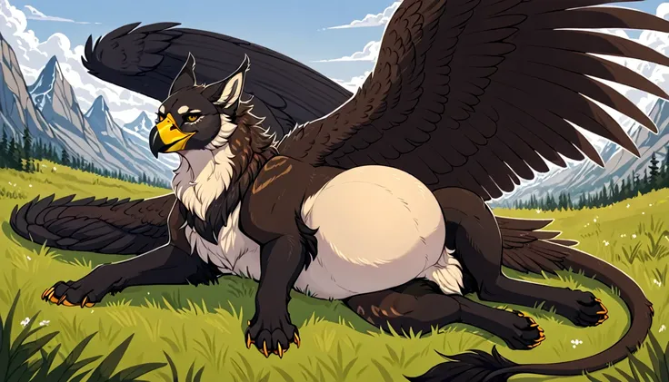 Solo, feral, gryphon x owlbear hybrid, huge, predatory, big wings, beak, fierce, full belly, resting