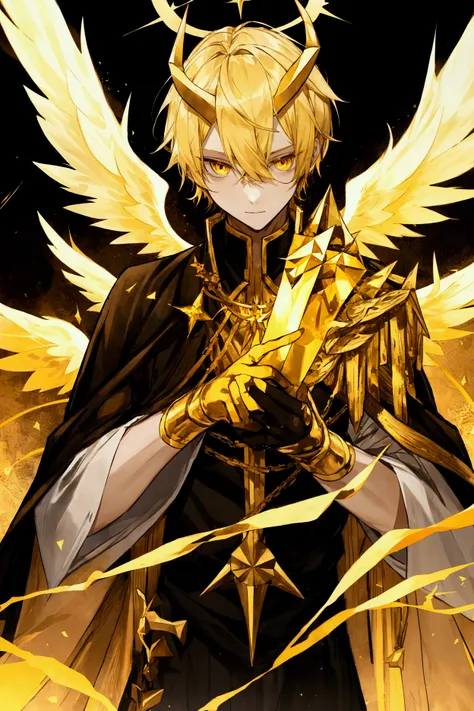 Male angel with blond short hair, two golden Crystal horns on the forehead, yellow eyes, torn black clothes, divine crown, male character ((JUST A CHARACTER), teenage traits, Hero of light