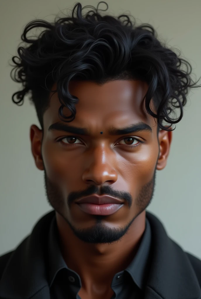 Dark-skinned man with curly hair, thick, wavy hair, black hair, a winged mole on his nose, dark brown eyes, attractive smile, slightly thick lips with a stylized mustache and hair on his chin 