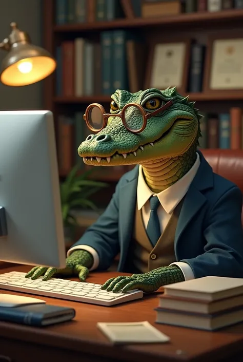 an alligator dressed in formal wear working on the computer, the alligator has very short arms and cannot touch the keyboard