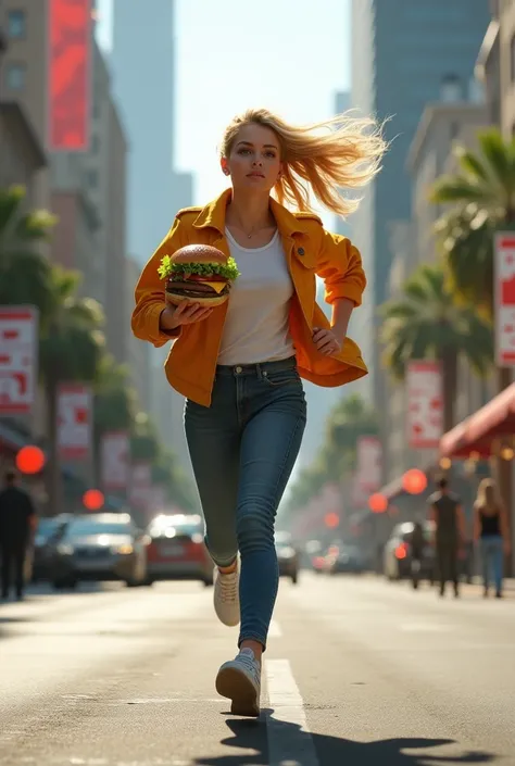  blonde running with hamburger in her hands.