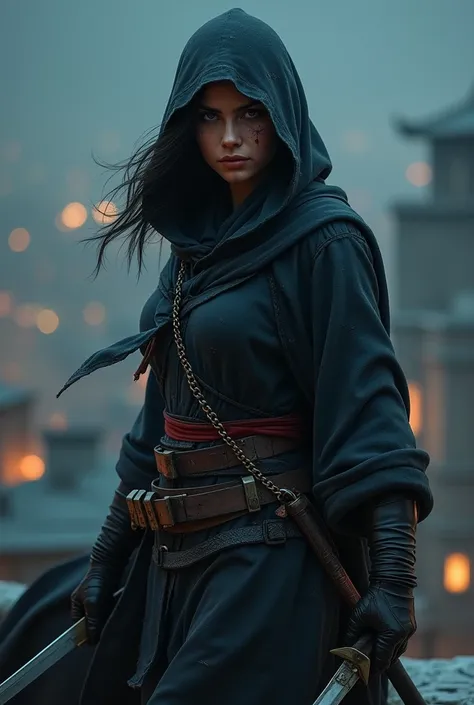 A young girl assassin, she face is covered by a hood, she has light stubble, and a scar on his left eye, she is well build, his assassin robes cover his body, she wears a belt, with knives on them, ready to attack, she hold a katana blade, she is standing ...