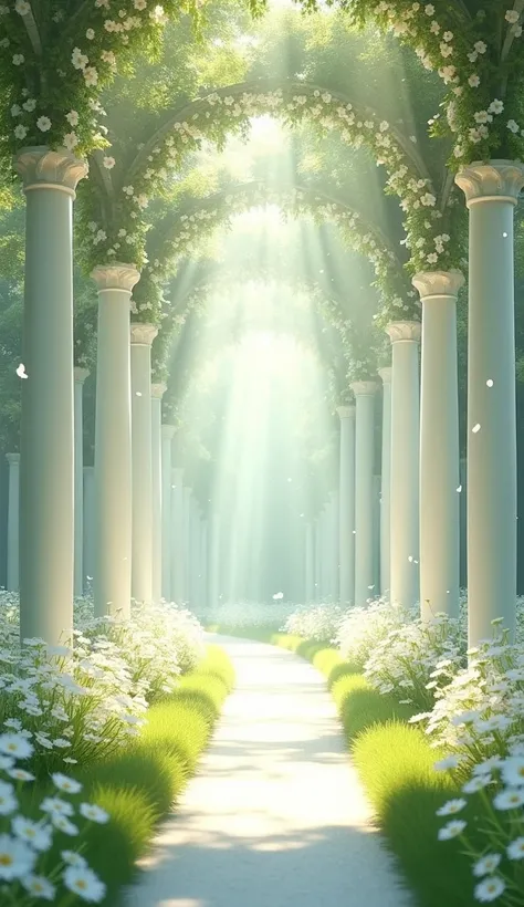 This image depicts a dreamlike, ethereal scene of a bright, open pathway lined with white columns and arches. The columns are covered in delicate white flowers and greenery, and the air is filled with sparkling particles that give the atmosphere a magical,...