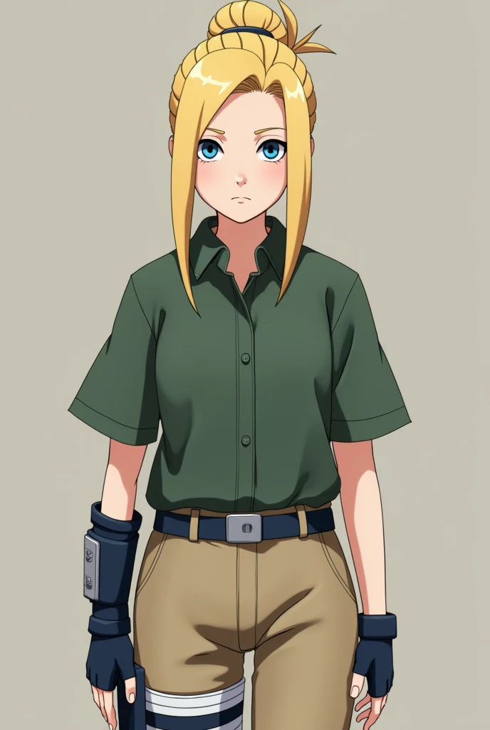 Create a Boruto Naruto Next Generations oc that is a blue-eyed blonde girl with fingerless gloves, a matte green shirt, and beige pants. 