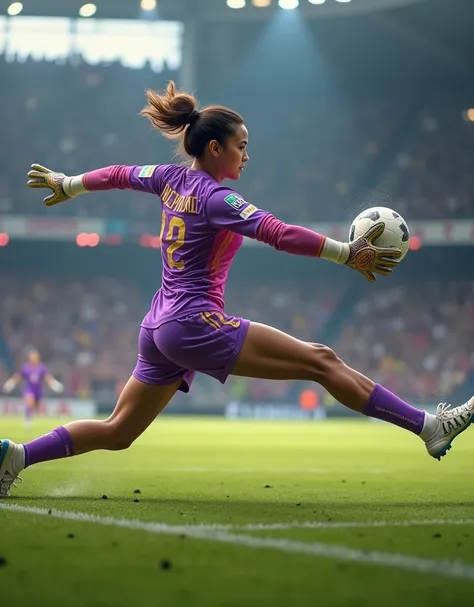 Create an image of a sexy attractive female soccer player who occupies the position of goalkeeper, beautiful latin woman, strong legs wide hips, Lilac and fuchsia colored soccer uniform, diving to block the ball in the corner, seminal football, attractive ...