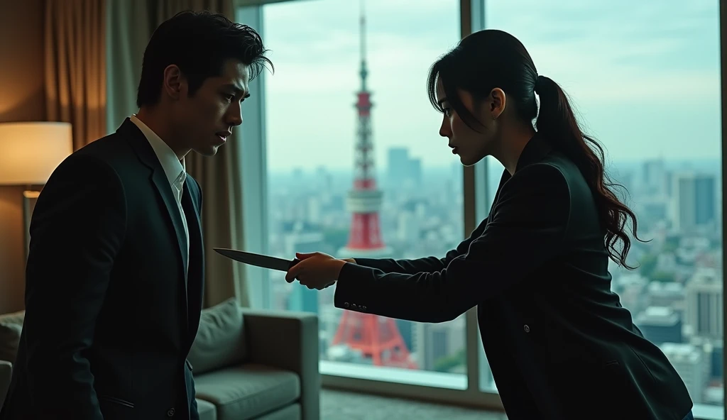 Hotel room with a view of Tokyo Tower, man being held at knifepoint by young Japanese woman, live action, real photo, ultra high resolution.