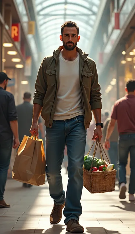 A man is standing in a shopping mall with a money bag in one hand and food in the other