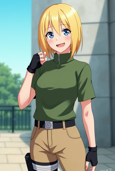 Create a Boruto Naruto Next Generations oc who is a blue-eyed blonde girl with fingerless gloves, a matte green shirt and beige pants who is smiling with a fist forward and who is 