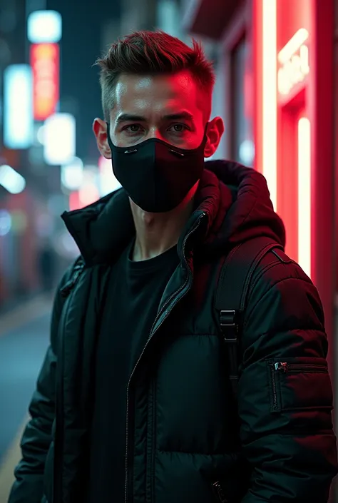 KAMERON BELOCH was a man he got clean face baby face mustache and beard light brown and white eyes he got black and brown eyes black gloves and black jacket and black helmet in the dark cyberpunk  light brown mustache and beard look like me black masks and...