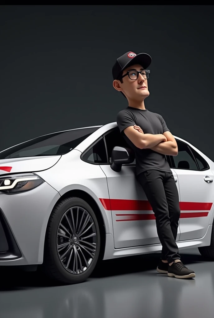 White Toyota Corolla with red stripes on the side, year 2018, with a man with glasses and a black cap leaning on the street, dark background, funko pop version