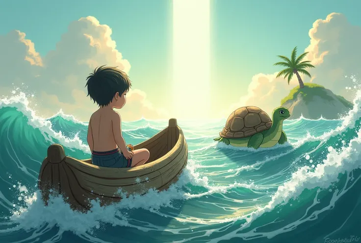 A child&#39;s back on a log boat sailing on a rough sea, next to the turtle boat, in the distance a small island with a palm tree and a ray of sunshine