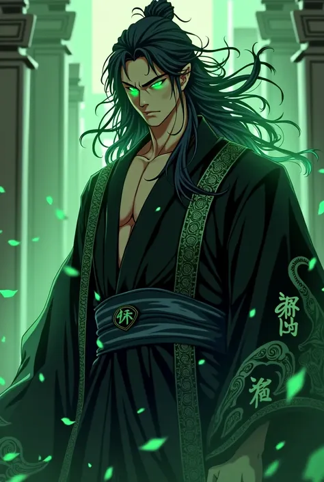 A Magical Man in a large black kimono with light green Japanese lettering details, Predator Eyes green mystical energy, with big black hair. Realistic anime style