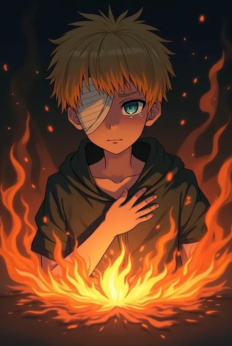 Silently crying boy with golden short hair blue eye surrounded in flames. One hand up by chest, and a bandaged left side of head covering one eye anime