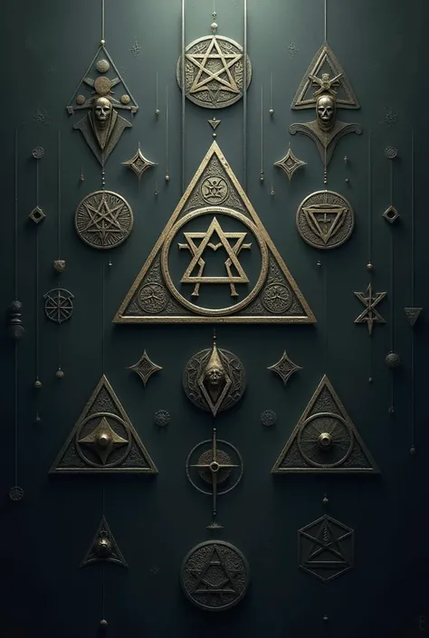 I need a picture that includes a dark background (like a gray color for example) and it needs to have a lot of mysterious symbols like the iluminatti triangle for example and other symbols of the sort 