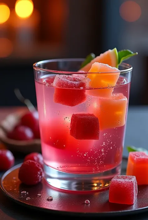 Round-tipped gelatin cubes accompanying an exotic cocktail-type juice inside the glass