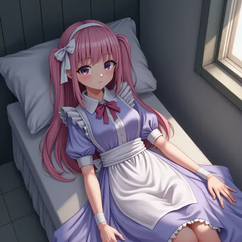 Sick girl。Hair color is light pink。Her hair is long and in half-pigtails.。She is wearing a light purple maid outfit.。Wearing bandages。The background is a dirty room。Draw an illustration of a sickly cute woman