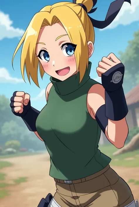 Create a Boruto Naruto Next Generations oc who is a  blonde, blue-eyed girl with fingerless gloves, a matte green shirt and beige pants with a smile and a fist facing forward.