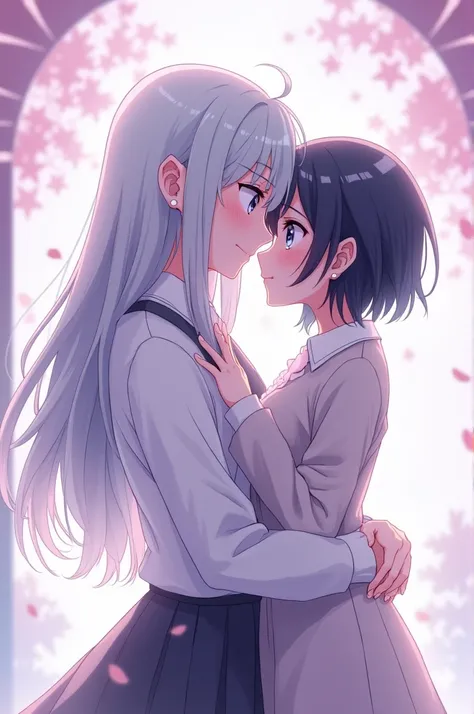 2 anime girls, couple, lesbian anime couple, hugging, tall silver-white ash grey hair anime girl with silver eyes, short black hair anime girl with blue eyes, hugging, in love, 4k anime detailed, high quality couple, only use purple and white pallette, ult...