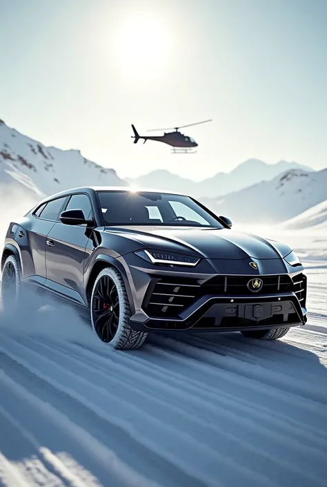 lamborghini urus in the snow with the reflection of the sun on it. from an angle. add an unfocused helicopter in the background flying high, keeping the original image the same