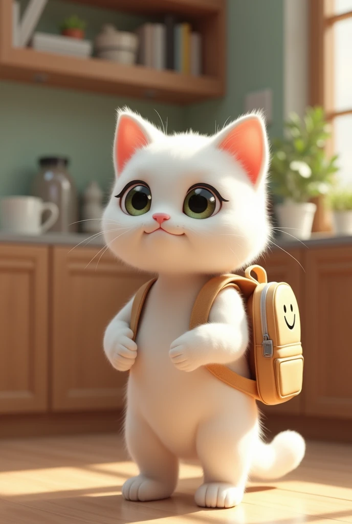 White ai cat preparing to go to school with bag with happy face in the house. the mum of the cat is close to her