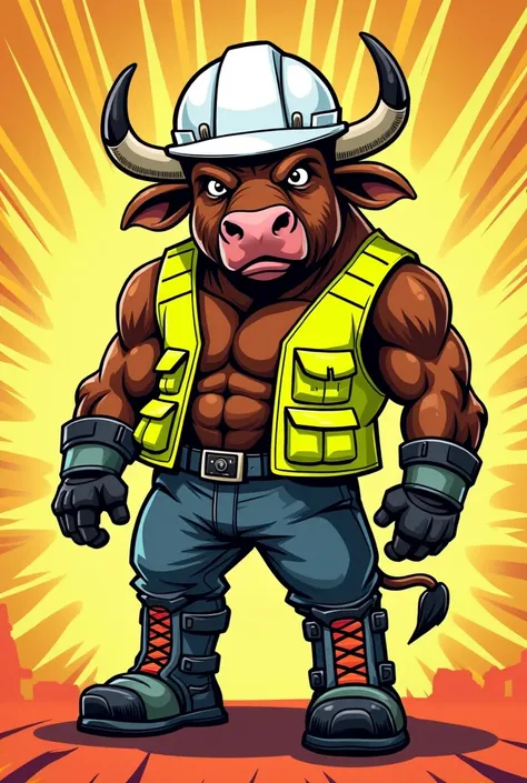 Create a bull with a white safety helmet, safety vest and boots . comic style.