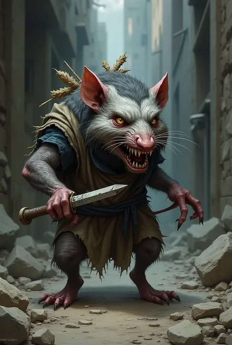 Male weak Skaven with pachy grey, black, and white fur wielding a dagger and wearing rags