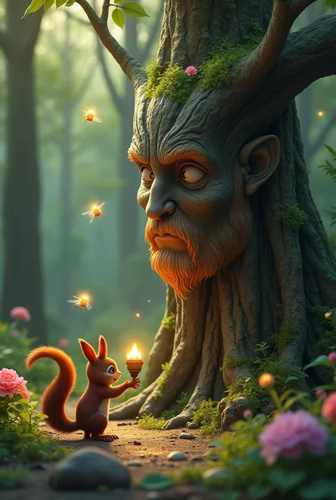 A serene forest setting where a small squirrel is offering a shiny acorn to a serene forest deity. The deity, resembling an ancient tree with a wise face, is surrounded by glowing fireflies and blooming flowers.