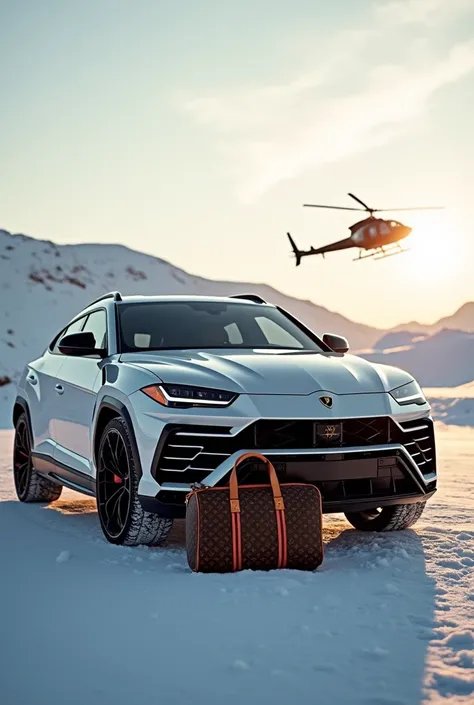 lamborghini urus in the snow with the reflection of the sun on and a louis vuitton travel bag on the bumper. it. from an angle. add an unfocused helicopter in the background flying high, keeping the original image the same. i have to see the car from the f...