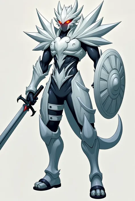 Draw a second stage Susanoo, at that stage almost complete, the one that Itachi and Shisui use. This Susanoo has a Katana and a shield, and the colors of its body are white with silver tones and its eyes are a little red. Based on the drawing style of Naru...