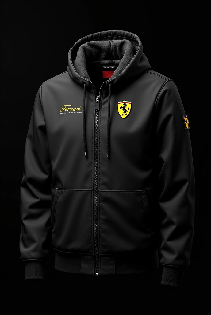 Design me the back of a cotton jacket where the background should be predominantly black, with the large Ferrari logo and at the bottom it says prom 2025
