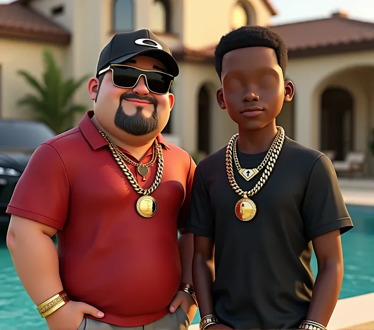 3d young white male character, faceless, chubby, with a thin goatee and a clean shave, red shirt and cap, oackley juliet model glasses, with gold accessories, Chains, smiling, next to another afro male character, 3d, faceless, with black shirt and gold acc...