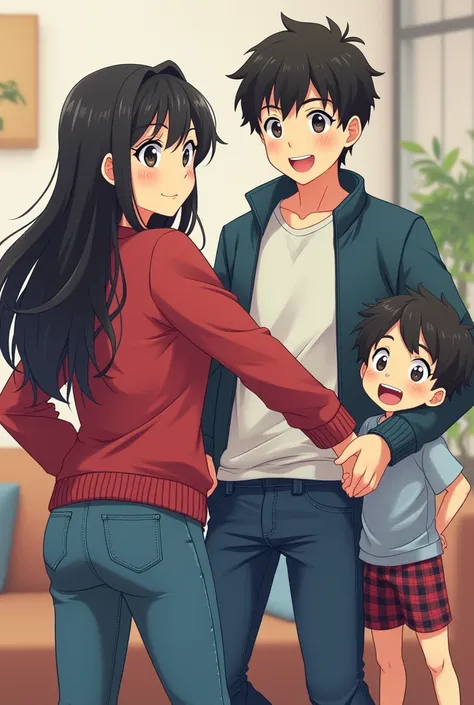 Anime Teenage Girl with Black Hair and wearing a Red Sweater and Black leggings gives her Brother in Jeans and Jacket a wedgie while her youngest brother in Plaid shorts and a t shirt laughs while watching.