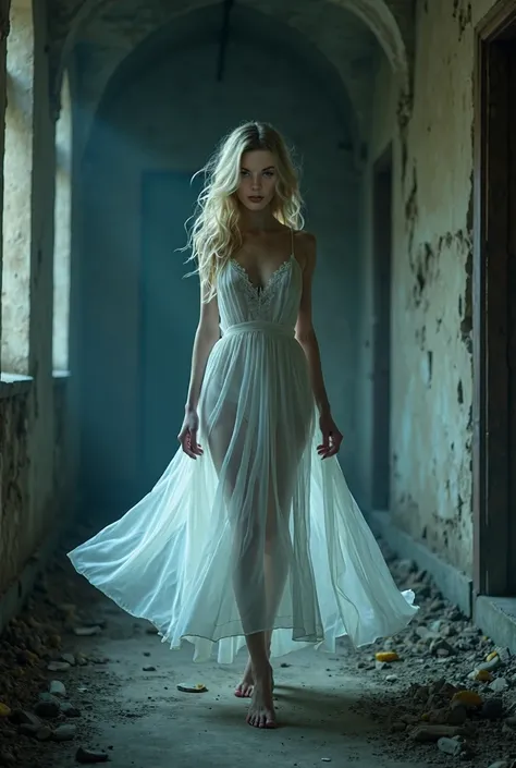 Realistic high resolution image of a ghostly figure of a woman walking down the hallway of a ruined ancient convent. The face is that of a beautiful woman with tangled blonde hair and blue eyes with a sad expression. His body is slender and his skin is ver...