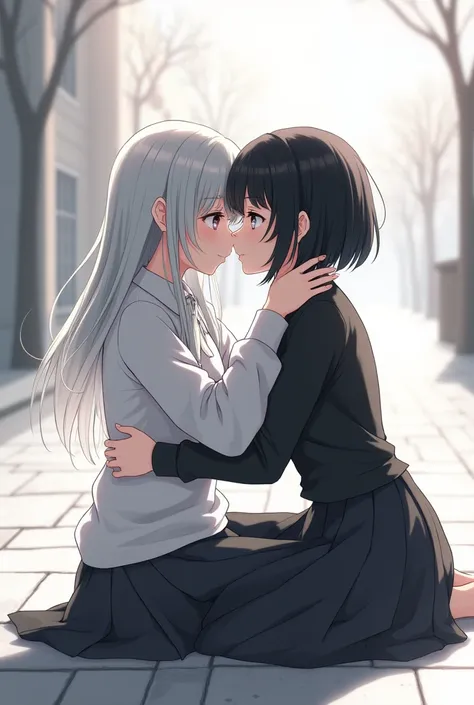 2 anime girls, couple, hugging, silver-white ash grey hair anime girl with silver eyes, short black hair anime girl with blue eyes, hugging, in love, 4k anime detailed, high quality couple, only use black and white pallette, ultra max quality, cute, facing...