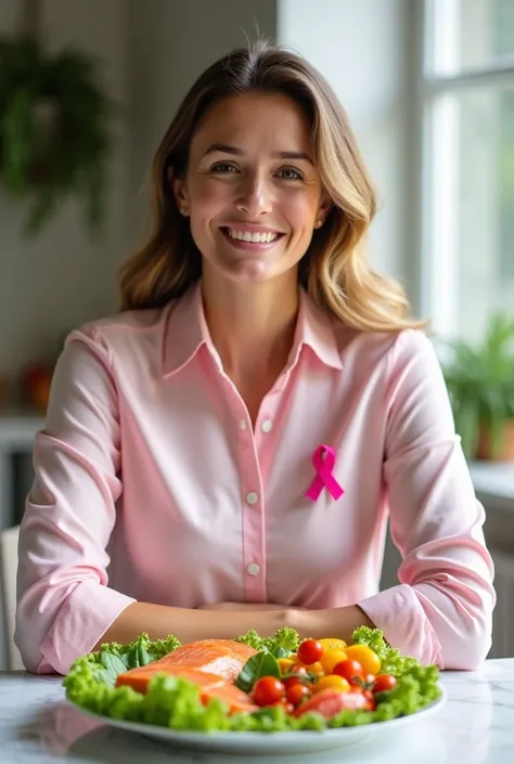 An image of a healthy, smiling woman in her early 30s, with a glowing complexion and a natural, warm expression. She wears a light pink shirt with a small, pink breast cancer awareness ribbon on the left side of her chest, symbolizing support for the Outub...