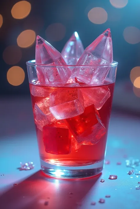  colored gelatin with a crystalline appearance and oval tips accompanying an exotic cocktail-type juice inside the glass.
